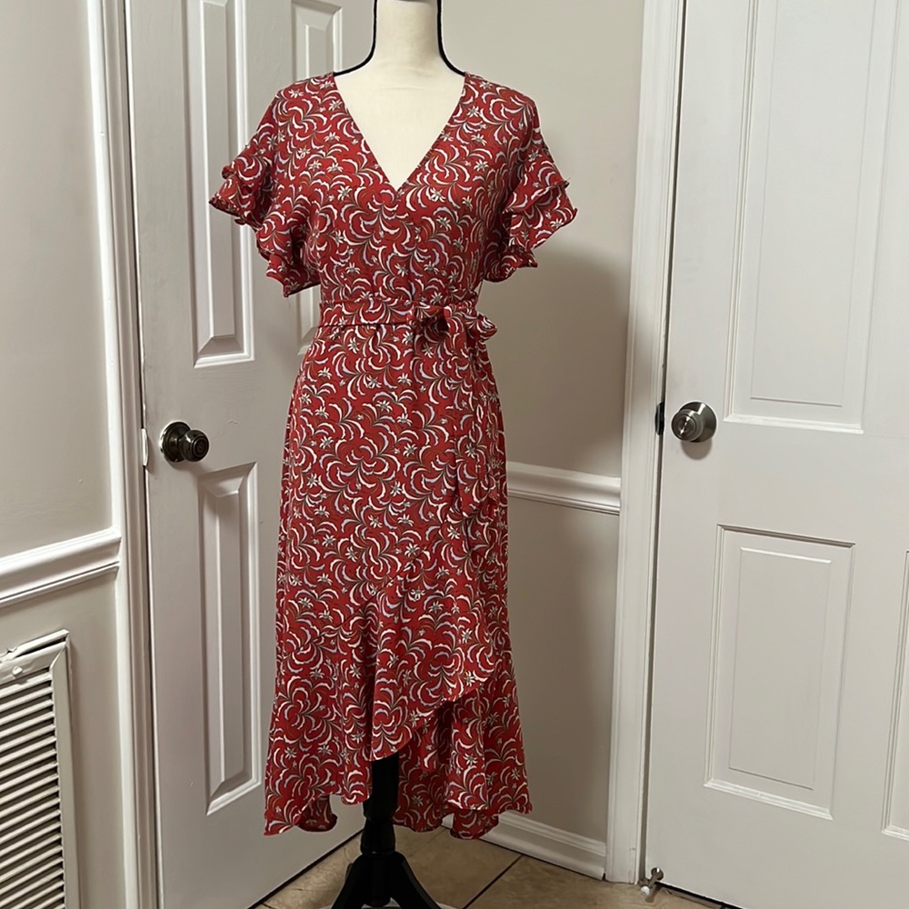Max Studio Ruffle Crepe High/low Wrap MIDI Dress  Small